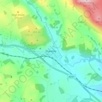Mapa topográfico Staveley, altitud, relieve
