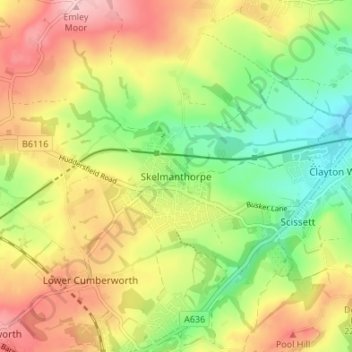 Mapa topográfico Skelmanthorpe, altitud, relieve