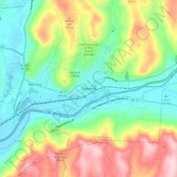 Mapa topográfico Oneonta, altitud, relieve