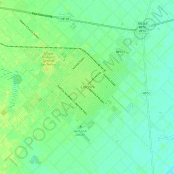 Mapa topográfico Lincoln, altitud, relieve