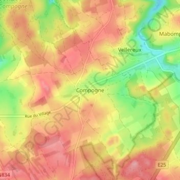Mapa topográfico Compogne, altitud, relieve