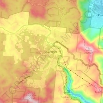 Mapa topográfico Kuranda, altitud, relieve