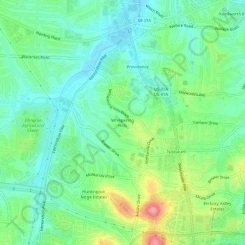 Mapa topográfico Whispering Hills, altitud, relieve