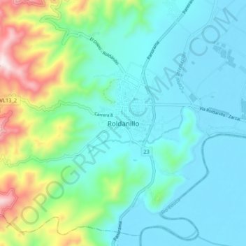 Mapa topográfico Roldanillo, altitud, relieve