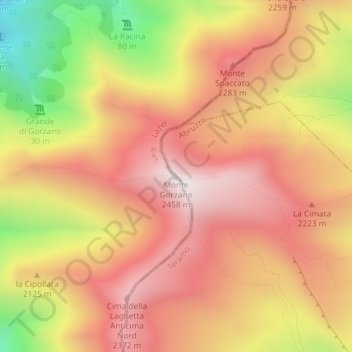 Mapa topográfico Monte Gorzano, altitud, relieve