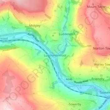 Mapa topográfico Luddendenfoot, altitud, relieve