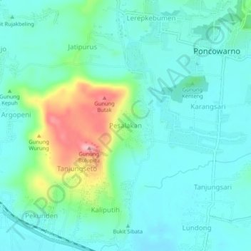 Mapa topográfico Pesalakan, altitud, relieve