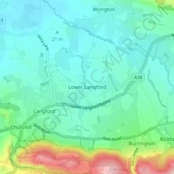 Mapa topográfico Lower Langford, altitud, relieve