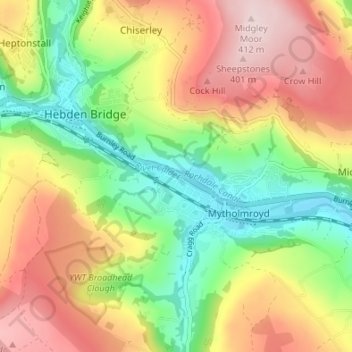 Mapa topográfico Hawksclough, altitud, relieve