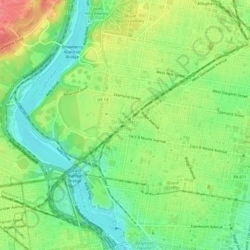 Mapa topográfico Strawberry Mansion, altitud, relieve