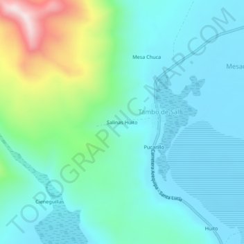 Mapa topográfico Salinas Huito, altitud, relieve