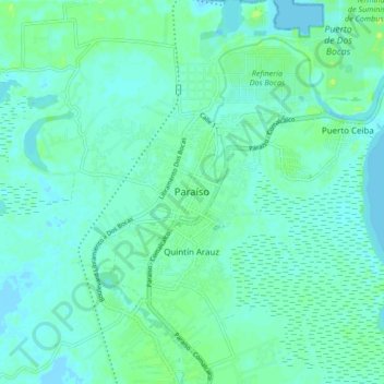 Mapa topográfico Paraíso, altitud, relieve