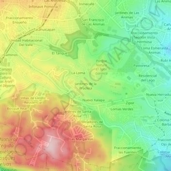 Mapa topográfico Jardines de la Pradera, altitud, relieve