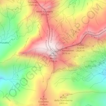 Mapa topográfico Monte Marzo, altitud, relieve