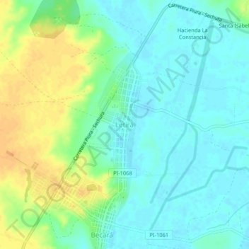 Mapa topográfico Letirá, altitud, relieve