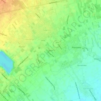 Mapa topográfico Zanella, altitud, relieve