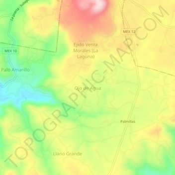 Mapa topográfico Ojo de Agua, altitud, relieve