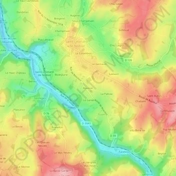 Mapa topográfico Boussac, altitud, relieve