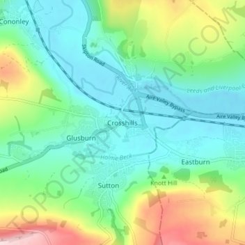 Mapa topográfico Crosshills, altitud, relieve