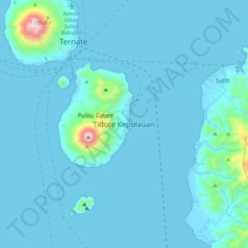 Mapa topográfico Tidore Kepulauan, altitud, relieve