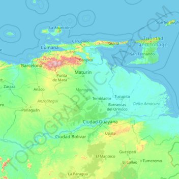 Mapa topográfico Monagas, altitud, relieve