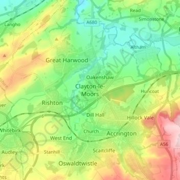 Mapa topográfico Clayton-le-Moors, altitud, relieve