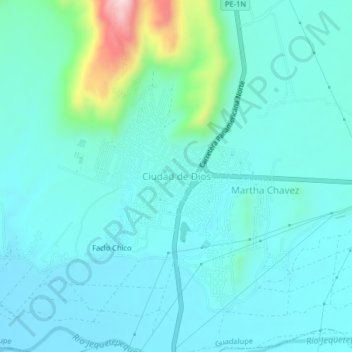 Mapa topográfico Ciudad de Dios, altitud, relieve