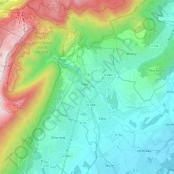 Mapa topográfico Gex, altitud, relieve