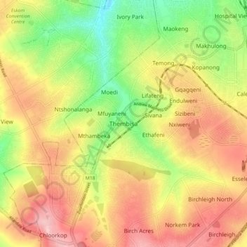 Mapa topográfico Thembisa, altitud, relieve