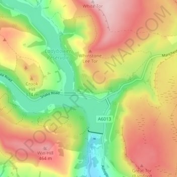 Mapa topográfico Ashopton, altitud, relieve