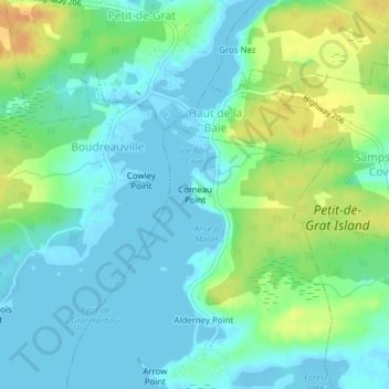 Mapa topográfico Comeau Point, altitud, relieve