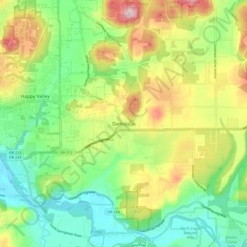 Mapa topográfico Damascus, altitud, relieve