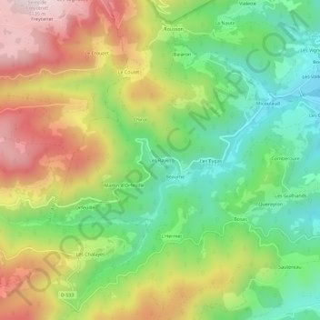 Mapa topográfico Les Rayes, altitud, relieve