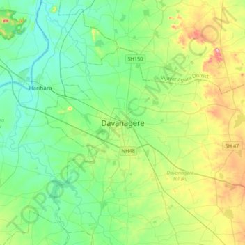 Mapa topográfico Davanagere, altitud, relieve