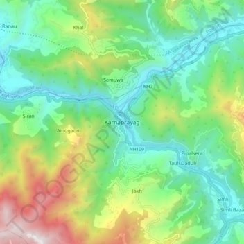 Mapa topográfico Karnaprayag, altitud, relieve