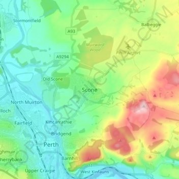 Mapa topográfico Scone, altitud, relieve