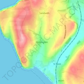 Mapa topográfico Rottington, altitud, relieve