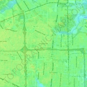 Mapa topográfico Brentwood, altitud, relieve