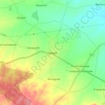 Mapa topográfico Gajwel, altitud, relieve