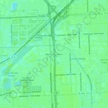 Mapa topográfico Biscayne Gardens, altitud, relieve