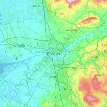 Mapa topográfico Preston, altitud, relieve