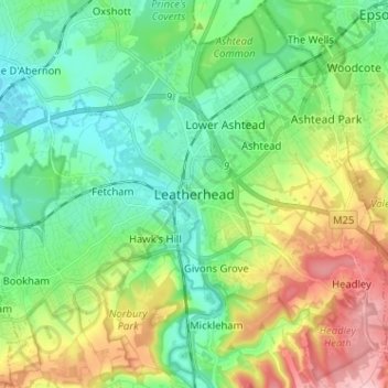 Mapa topográfico Leatherhead, altitud, relieve
