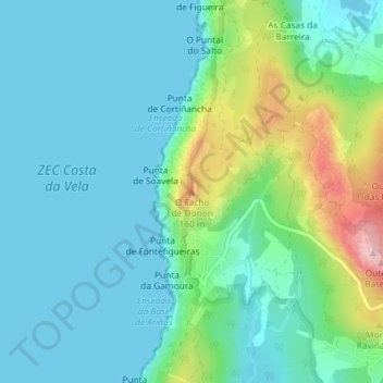 Mapa topográfico O Facho de Donón, altitud, relieve