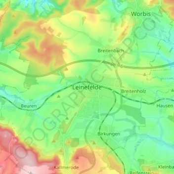 Mapa topográfico Leinefelde, altitud, relieve