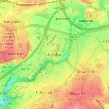 Mapa topográfico Frenchay, altitud, relieve