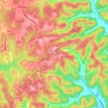 Mapa topográfico Germantown, altitud, relieve