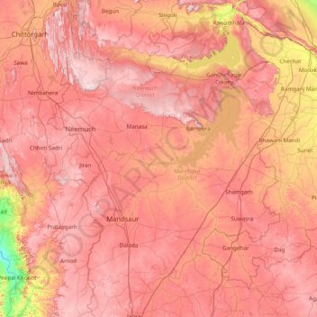 Mapa topográfico Mandsaur, altitud, relieve