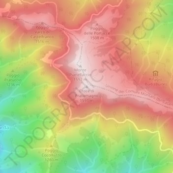 Mapa topográfico Croce di Pratomagno, altitud, relieve
