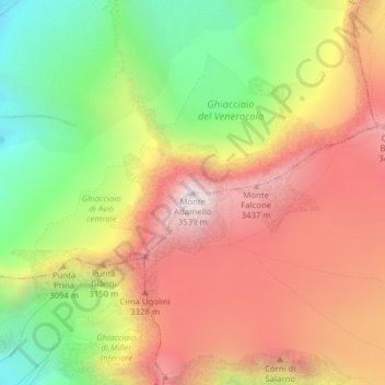 Mapa topográfico Monte Adamello, altitud, relieve