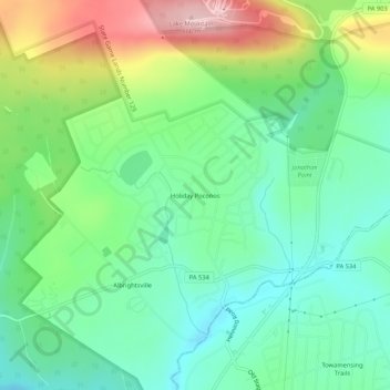 Mapa topográfico Holiday Poconos, altitud, relieve